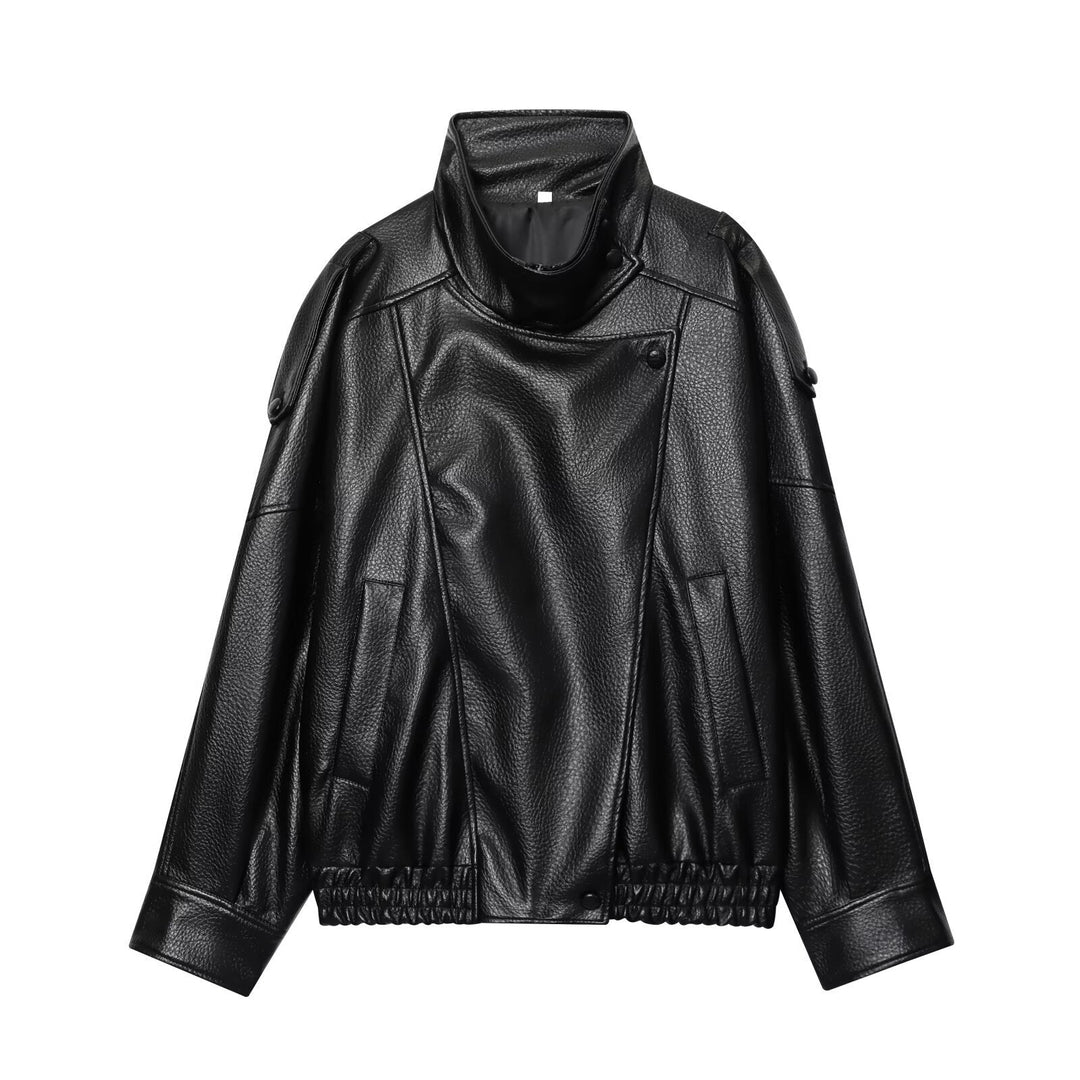 Dam kort läder blouson med hög ståkrage, boxy silhuett, och voluminous ärmar