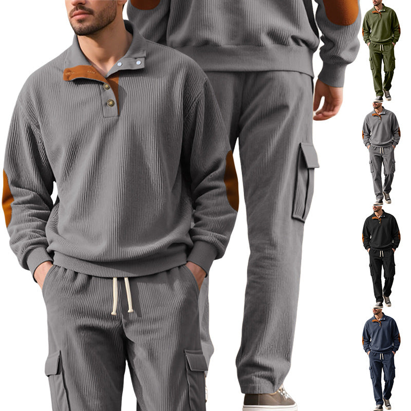 Herr Strukturerad Turtleneck Pullover med Ståkrage, Press Stud Slå, och Velour Elbow Lappar