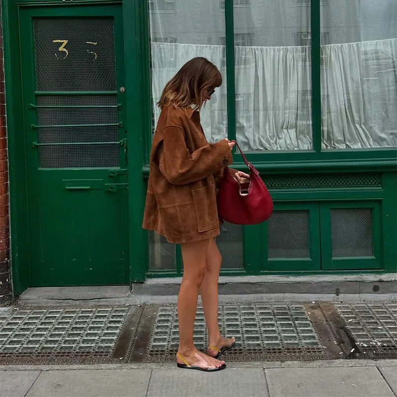 Dam 100+ Oversize Suede Look Blouson Jacka med Patch Fickor och Knapp Knäppning