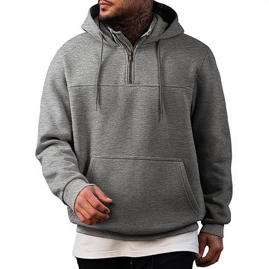 Herr med Huva Pullover med Halv Dragkedja, Känguruficka och Ribbstickade Muddar