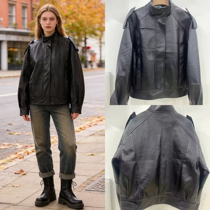 Dam Oversized Läder Jacka med Skärning-Out Axel, Ståkrage och Strukturerad Sömmar