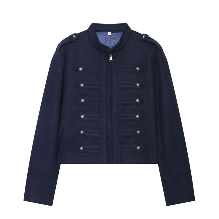 Dam military-inspired ulljacka med ståkrage dragkedja och decorative knäppning