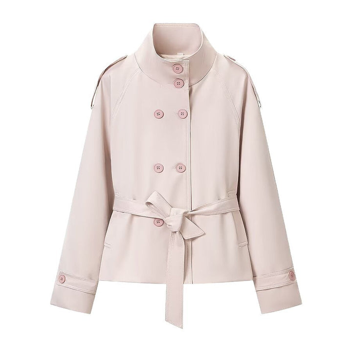 Dam Kort Double-Breasted Trenchcoat med Hög Standing Krage, Shoulder Flaps och Tie Belt