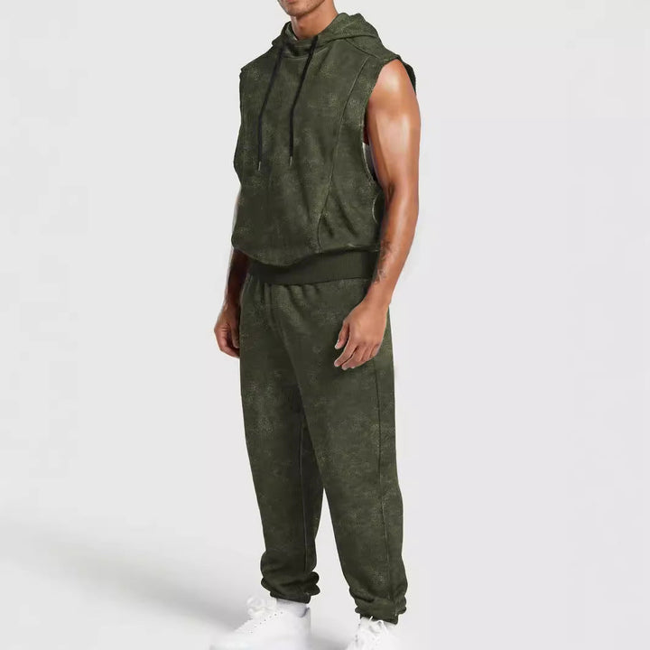 Herr Sleeveless med Huva Sweat Set i Velour Look med Elastic Joggingbyxor och Ribbstickade Muddar