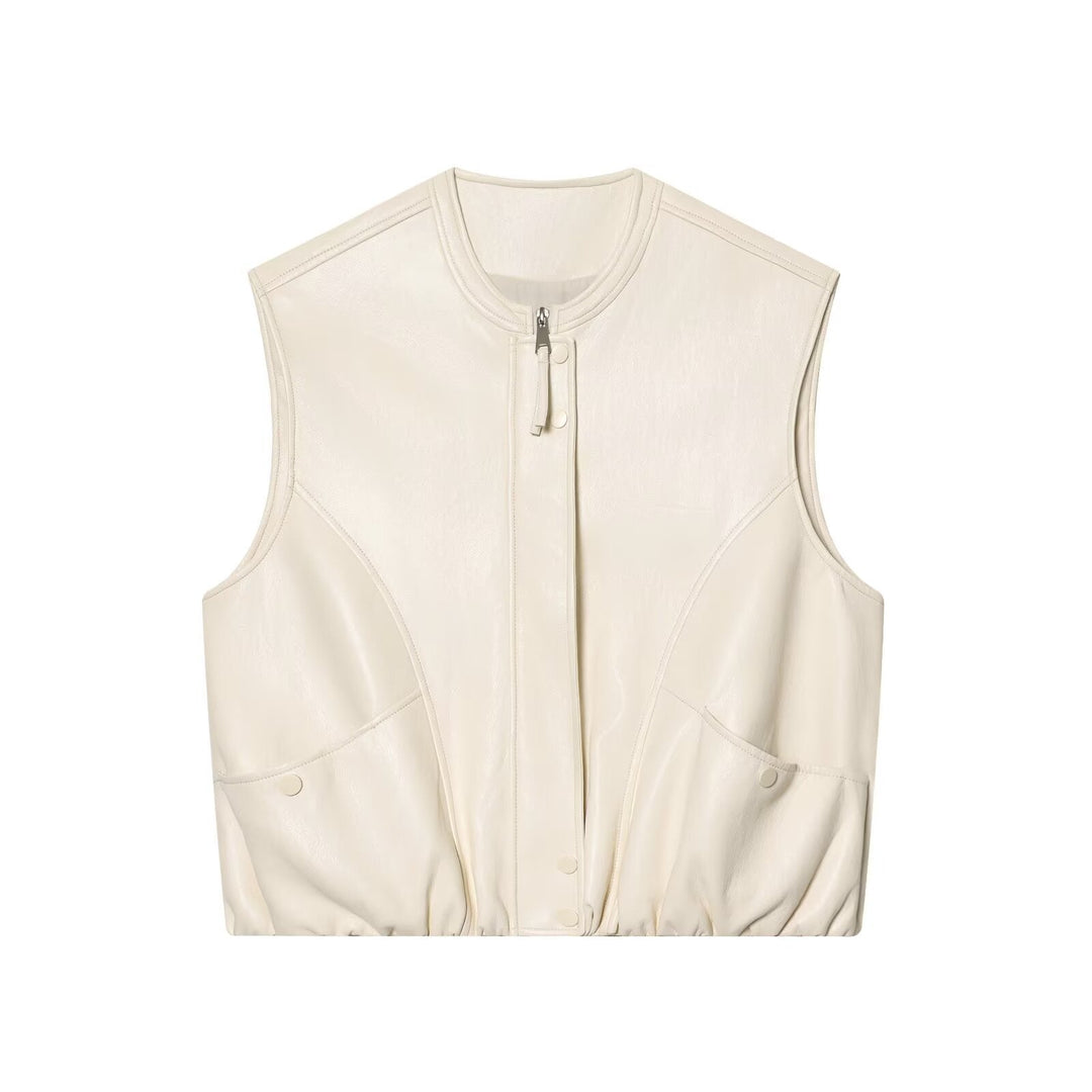 Dam Sleeveless Jacka i Läderlook med Stå Krage och Tailored Passform