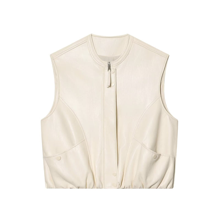 Dam Sleeveless Jacka i Läderlook med Stå Krage och Tailored Passform