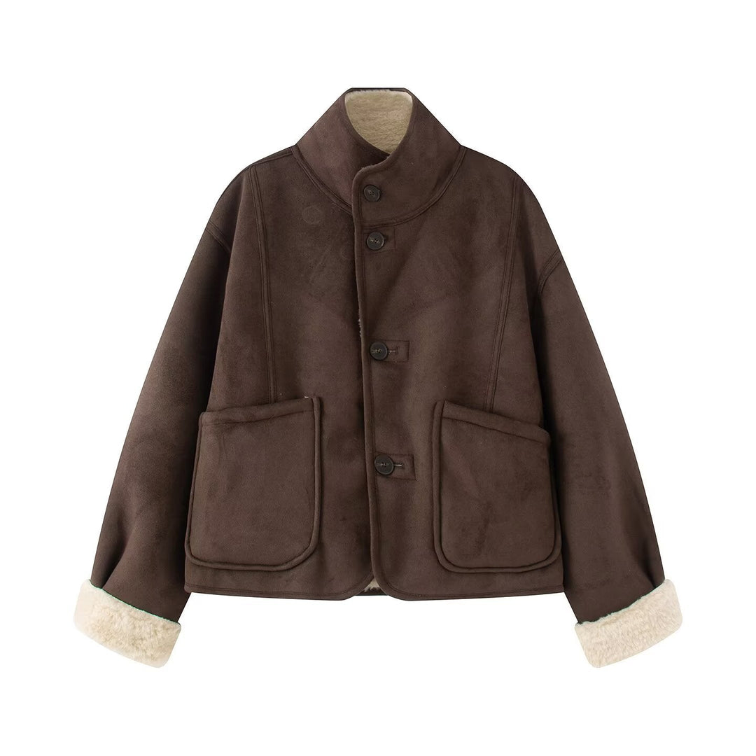 Dam Kort Sheepskin Look Jacka med Ståkrage och Stor Utanpåfickor