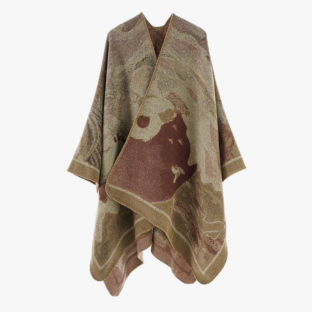 Dam jacquard stickad cape med floral graphic och asymmetrical fåll