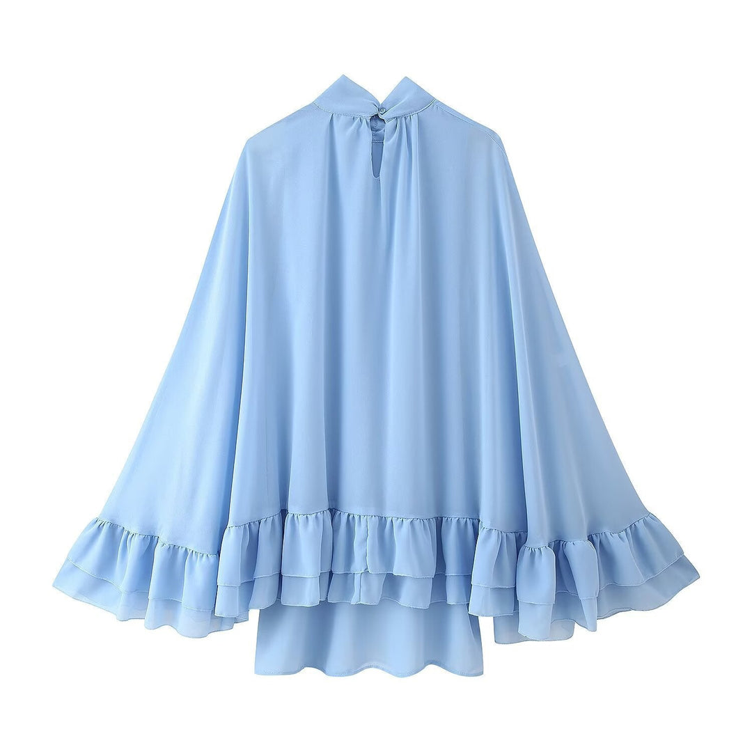 Dam 300+ Voluminous Chiffon Cape med Stå Krage och Tiered Frills