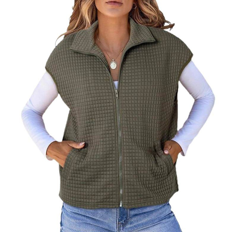 Dam Quiltad Väst med Strukturerad Waffle Look, Ståkrage och Hel-Length Dragkedja