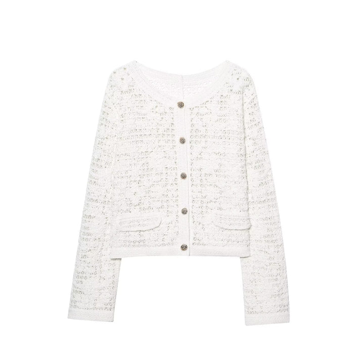 Dam Crocheted Kort Jacka i Boucle Look med Decorative Knappar och Utanpåfickor