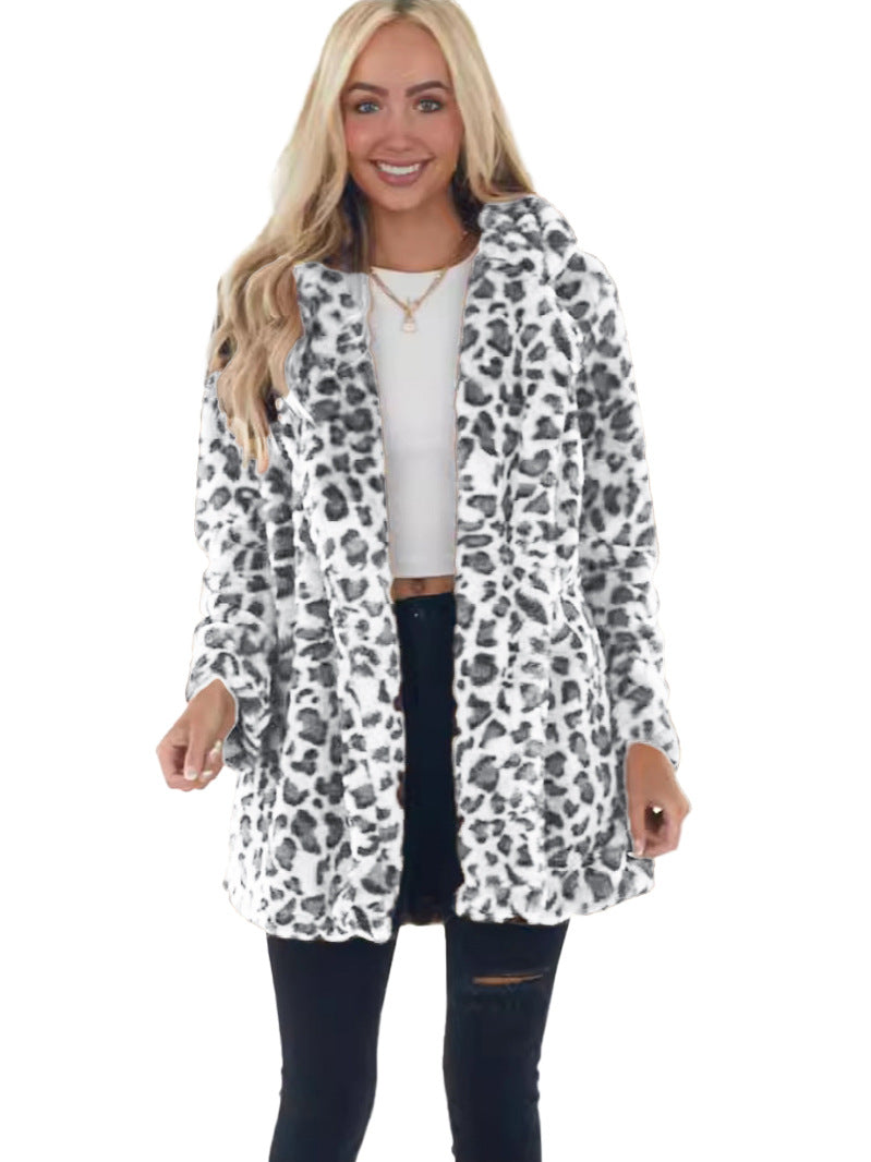 Dam Faux-Fur Leopard-tryck Hooded plysch Mid-Length kappa