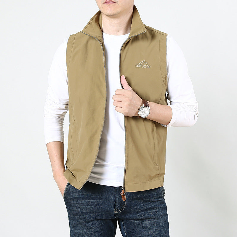 Herr Sleeveless Utility Väst med Ståkrage, Dragkedja och Fickor