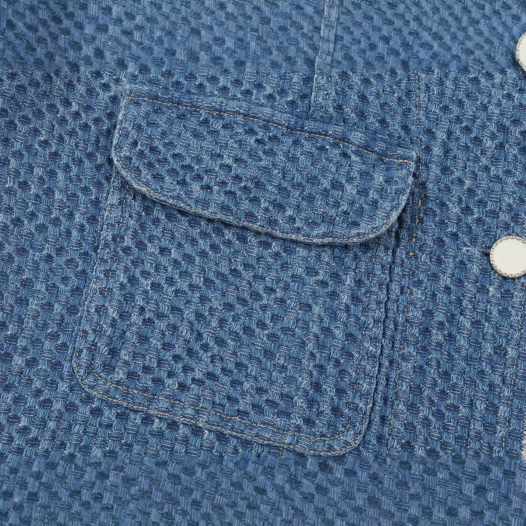 Dam kort Boxy denimjacka med Waffle Texture, utanpåfickor och Fringe Trim