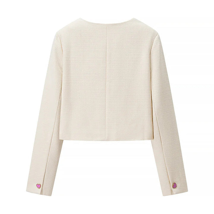 Dam cropped Bouclé jacka med vågig knäppning och heart appliqués