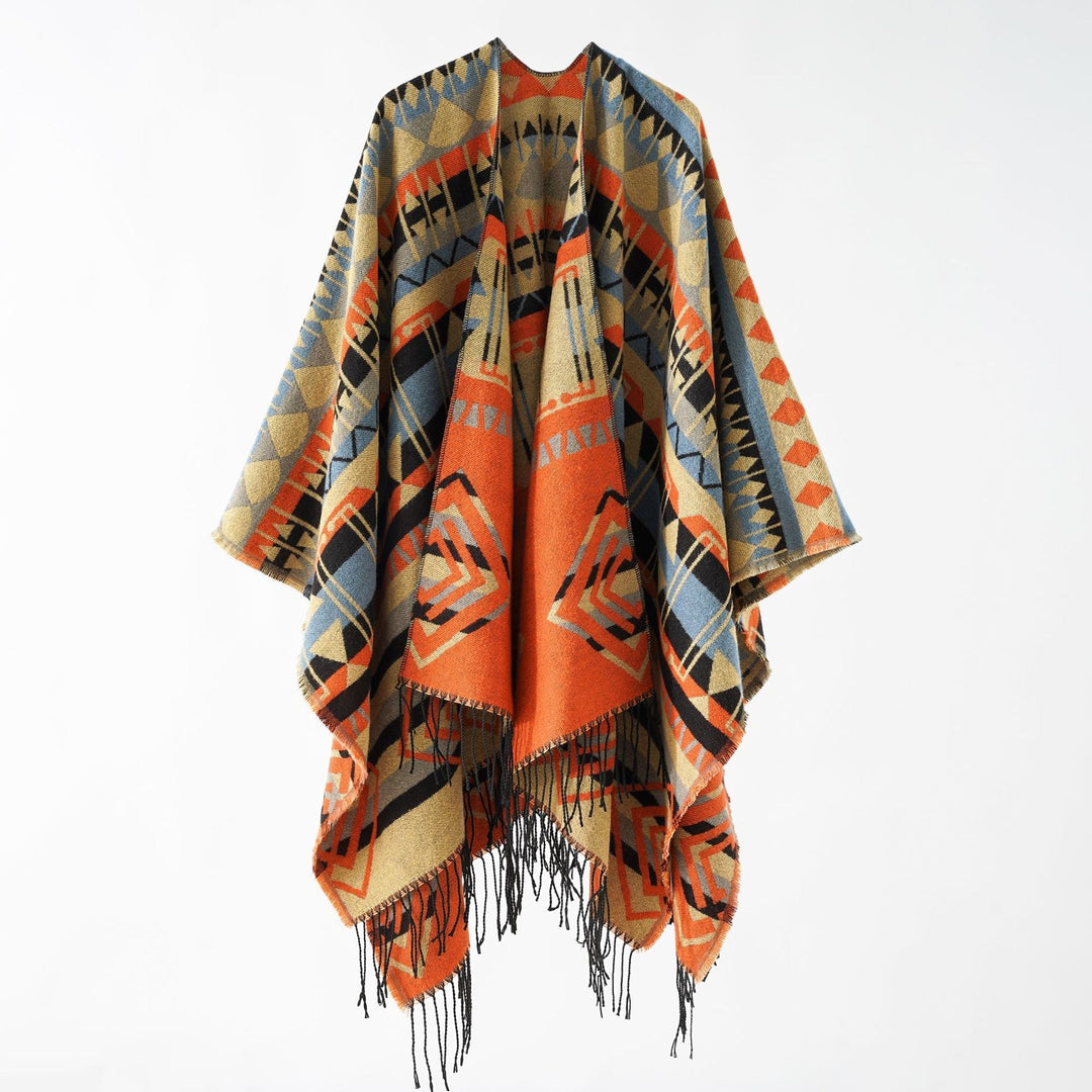 Dam Woven Fringe poncho med Ethno-Jacquard och oversized Drop