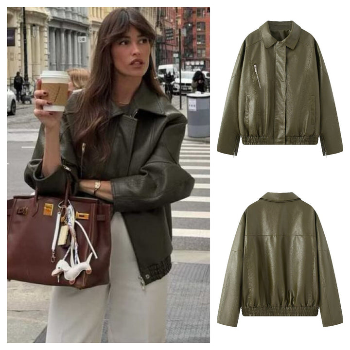Dam Oversized Konstläder Blouson med Elastic Fåll, Slanted Dragkedja Bröstficka och Dragkedja Ärmar