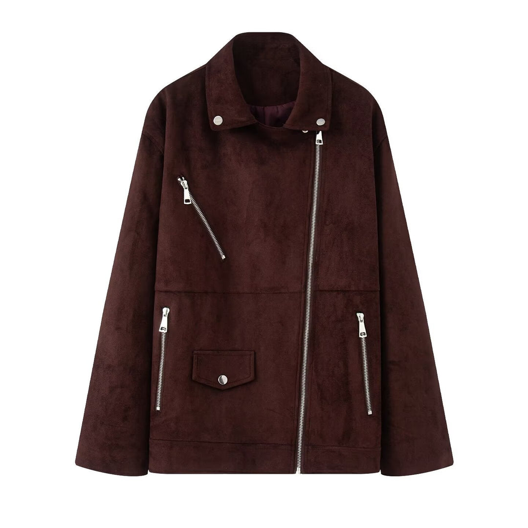 Dam lång oversized bikerjacka i velour look med diagonal dragkedja och multiple fickor