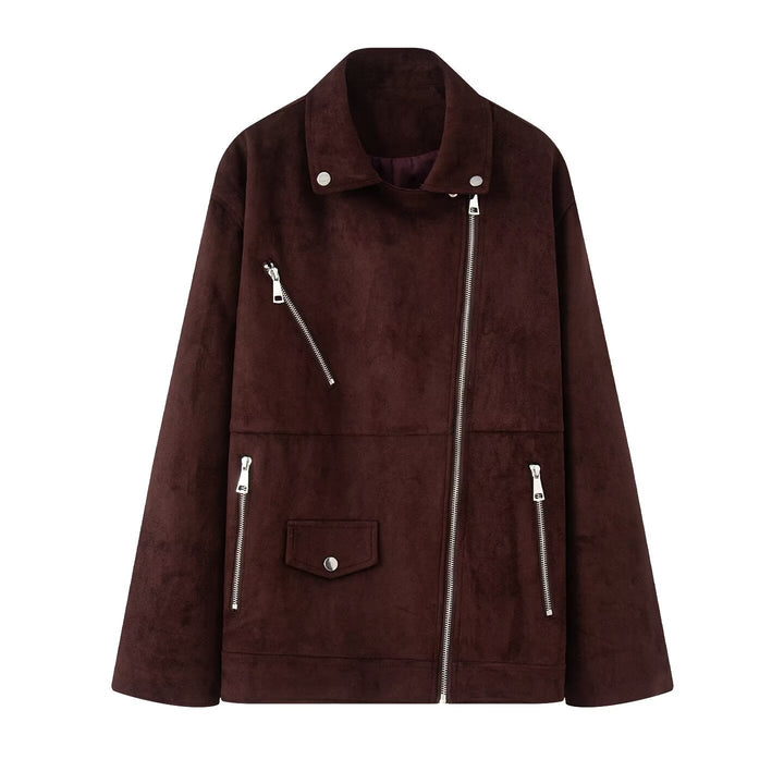 Dam lång oversized bikerjacka i velour look med diagonal dragkedja och multiple fickor
