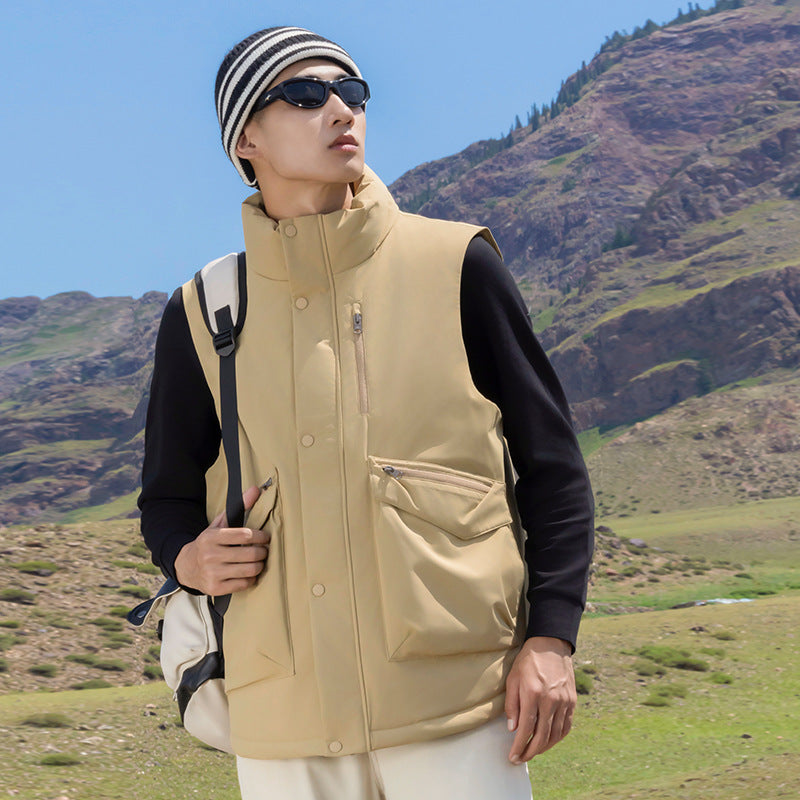 Herr Quiltad Väst med Hög Stående Krage och Multifunctional Zip Fickor