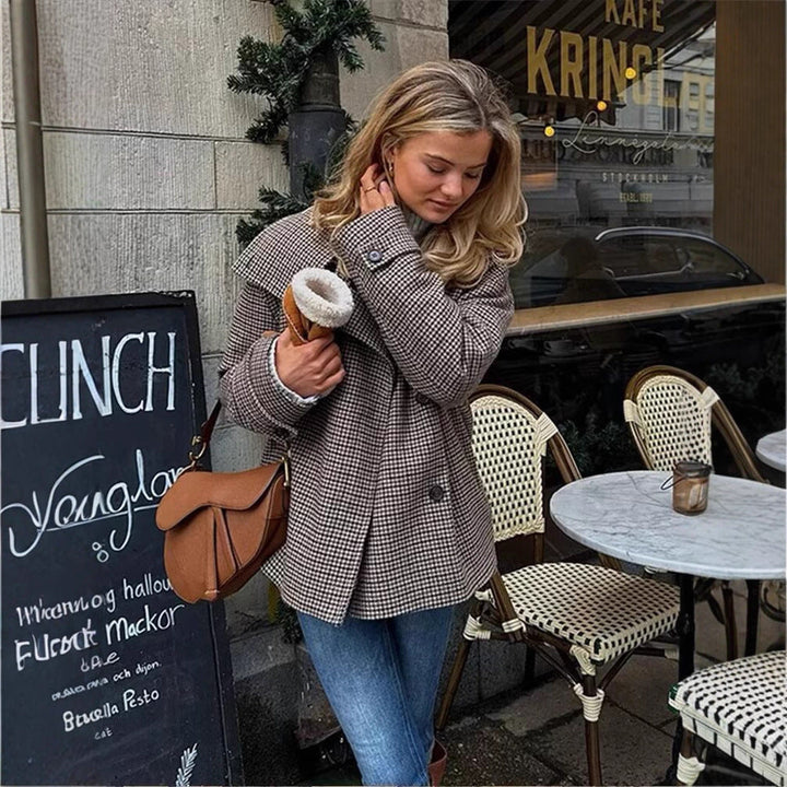 Dam oversize trenchcoat med Houndstooth mönster, hög ståkrage och Shoulder Epaulettes