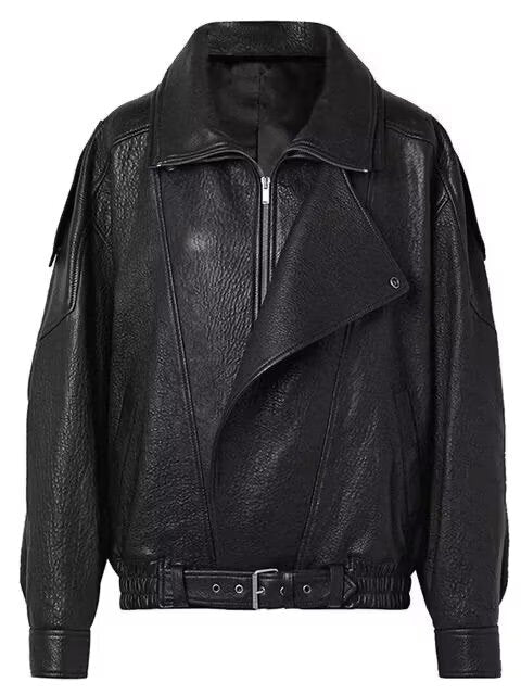 Dam Oversized Konstläder Biker Jacka med Asymmetrical Dragkedja, Bälte och Elastic Midja