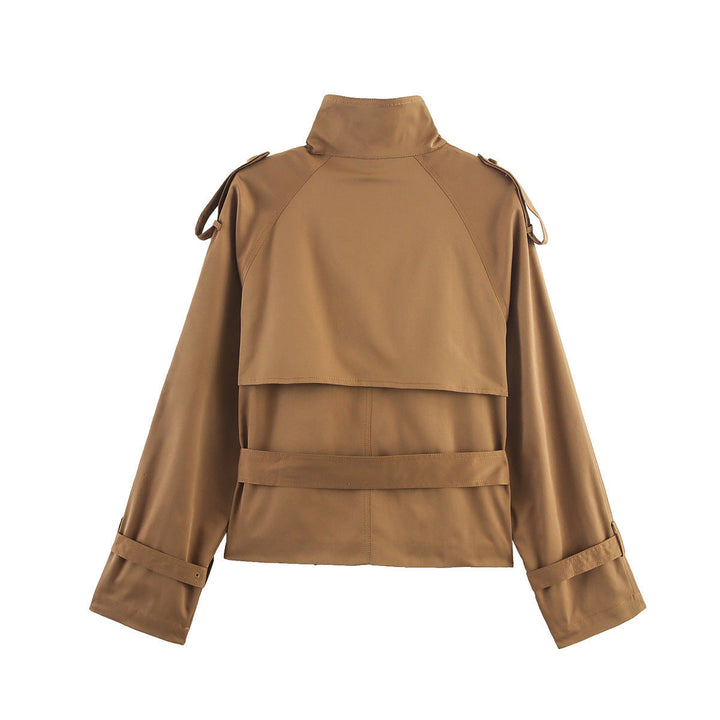 Dam kort Double-Breasted trench Blouson med hög ståkrage, Shoulder Tabs, och midjebälte