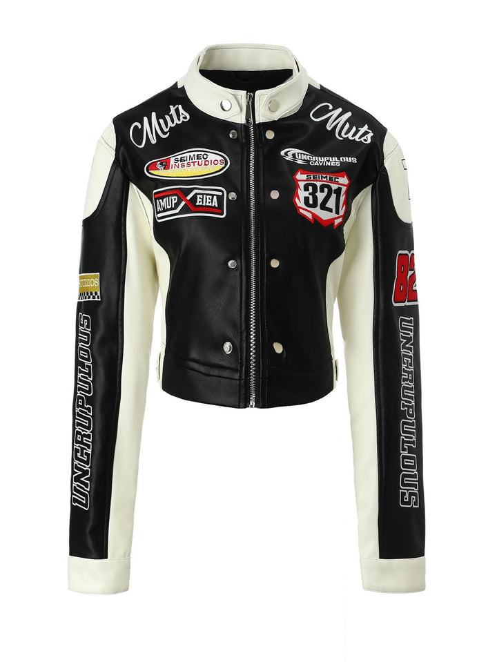 Dam Trendig Bikerjacka med Embroidered Patches