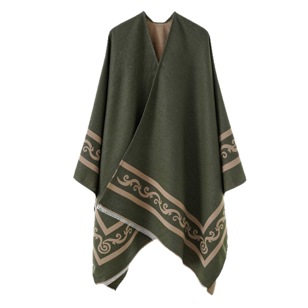 Dam Oversize Cape med Geometric Jacquard och fransfåll