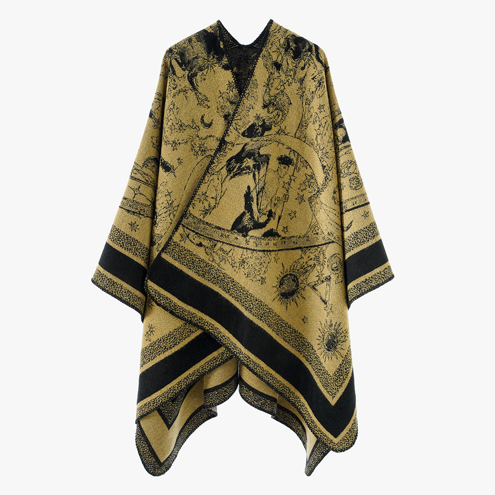 Dam Jacquard capeponcho med double-sided weave structure och V-neck