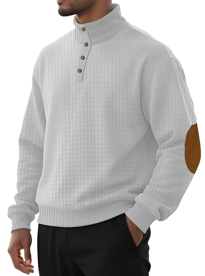 Herr Plaid Quiltad College-Tröja med Henley Slå, Hög Ståkrage, och Velour Elbow Lappar