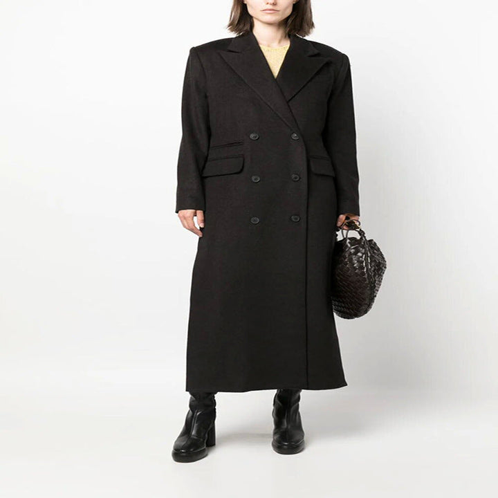 Dam Maxi lång Double-Breasted ullblandning kappa med Structured Shoulders och Flap fickor