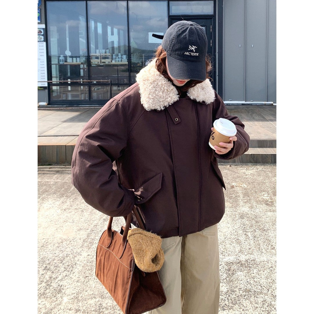 Dam oversize kort jacka med teddy krage och Flap fickor