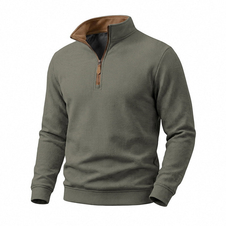 Herr Halv Dragkedja Pullover med Waffle Texture och Contrast Krage