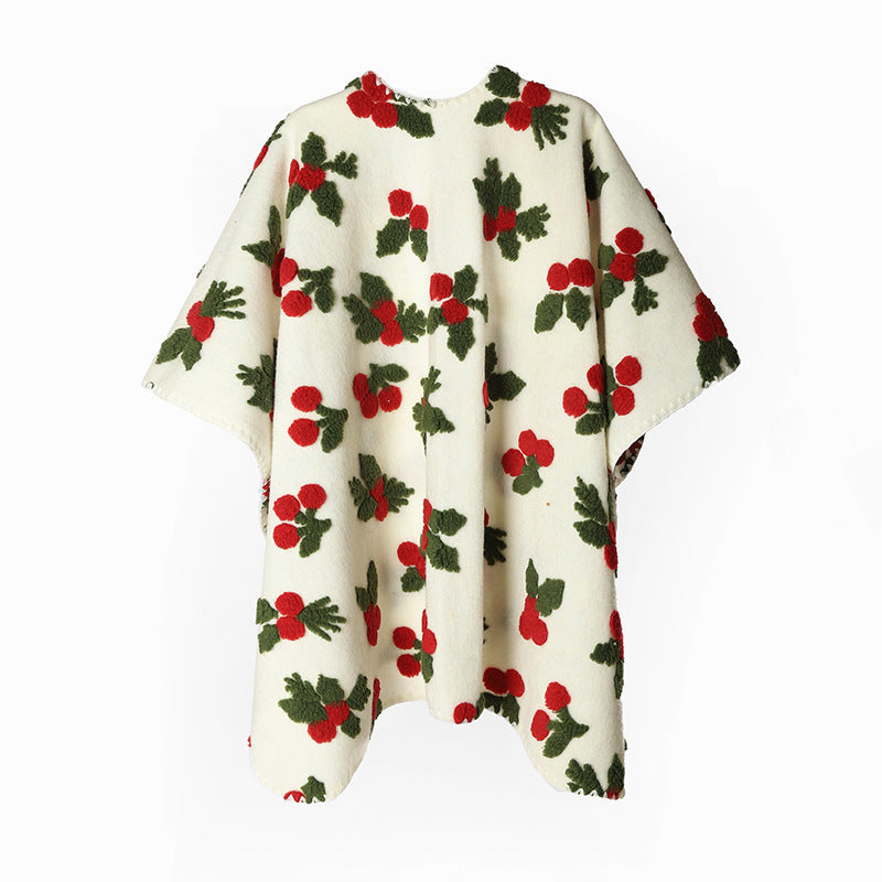Dam ull look poncho med embossed berry jacquard och open waterfall skärning