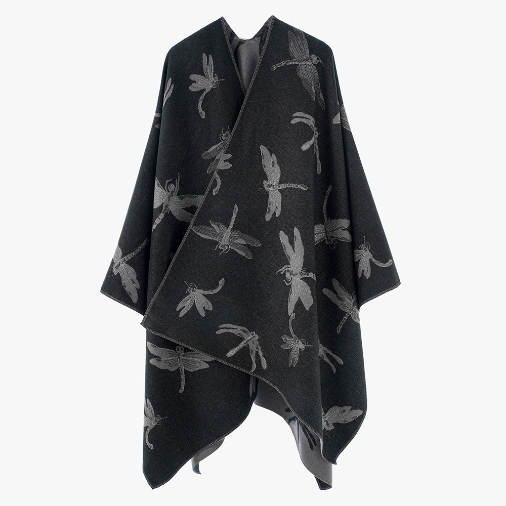 Dam Reversible Jacquard poncho med Dragonfly mönster