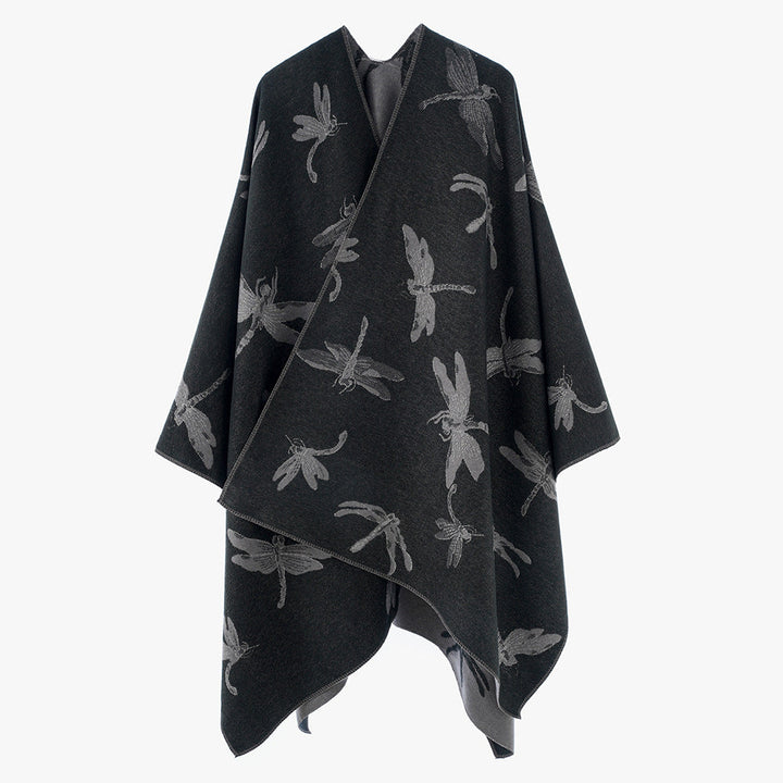 Dam Reversible Jacquard poncho med Dragonfly mönster