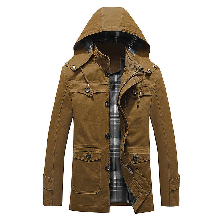 Herr Canvas Fält Parka med Rutig Foder, Huva, och Multifunctional Fickor