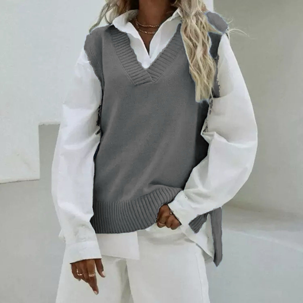 Dam Sleeveless stickad väst med V-Neck och Side Slits