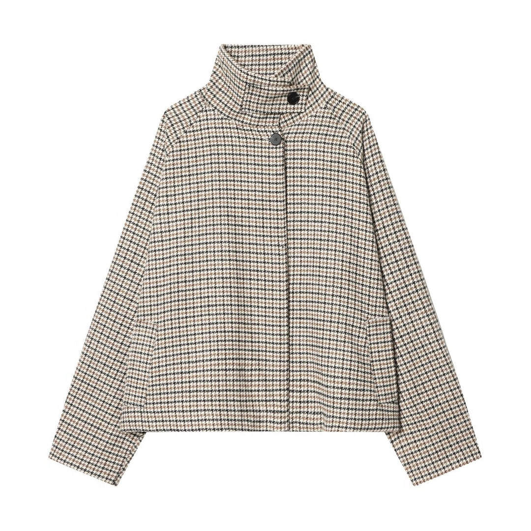 Dam Kort Jacka i Hundtand Mönster med Hög Stå Krage och Oversize Raglan Ärmar