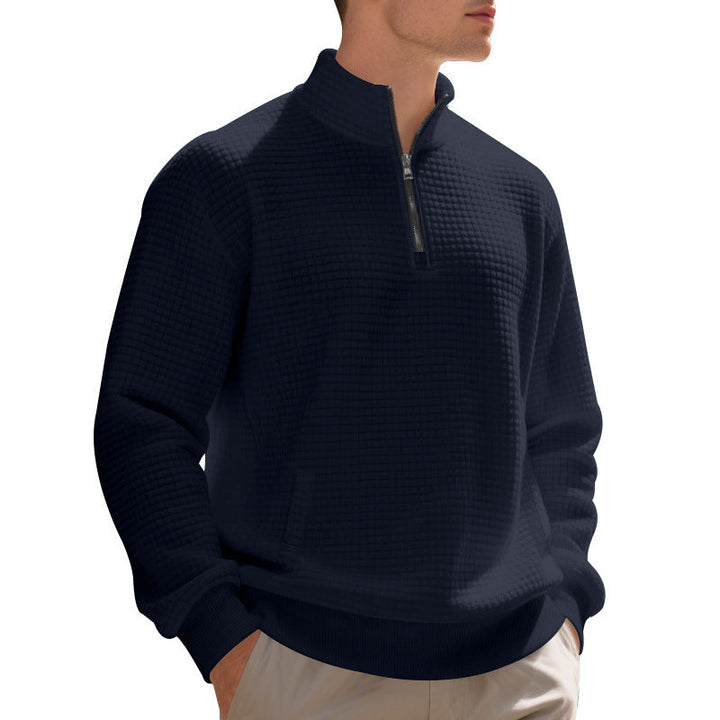 Herr Waffle Stickad Halv Dragkedja Pullover med Ståkrage, Känguruficka &amp; Ribbad Finishes