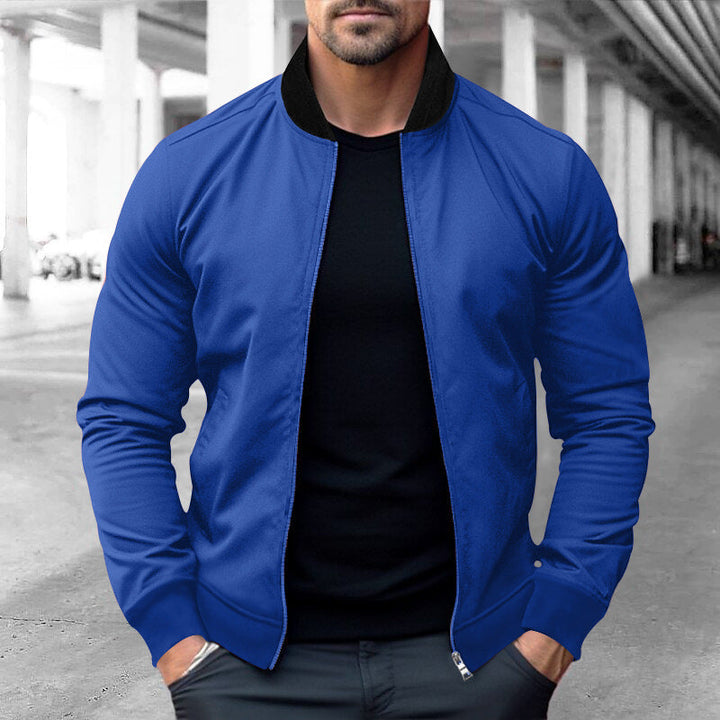 Herr Sportig-Elegant Sweat Jacka i Bomber Stil med Contrast Krage och Tvåvägsdragkedja