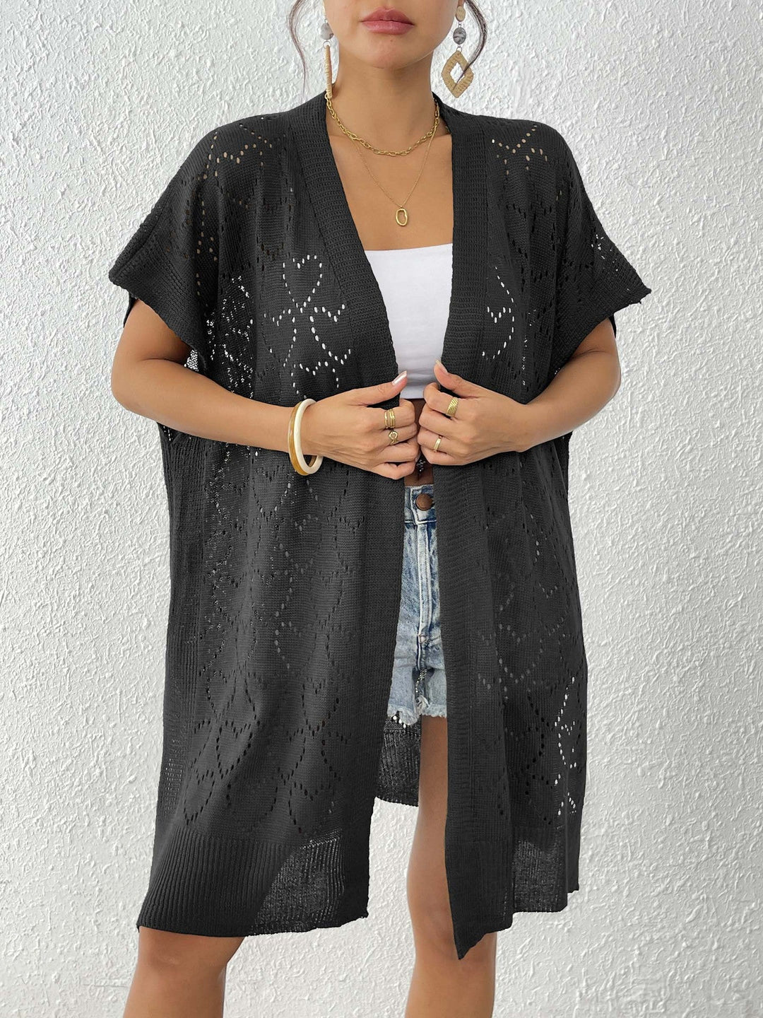 Dam luftig stickad kimono med blommig spets mönster