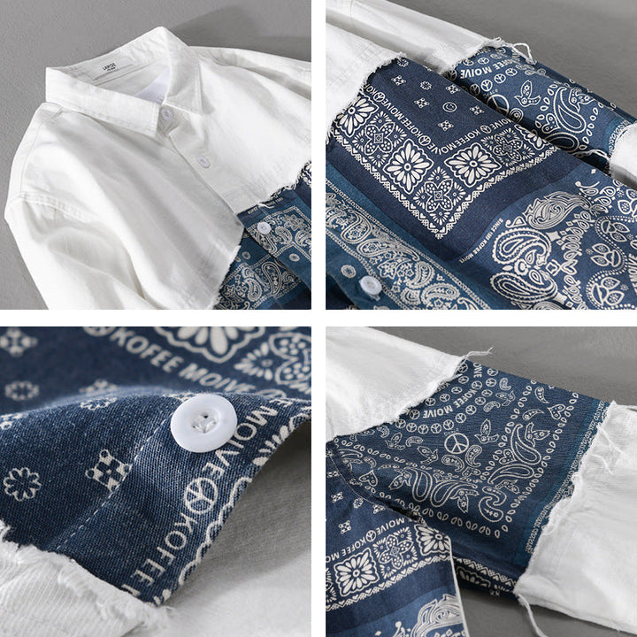 Herr Patchwork Skjortjacka med Bandana Insert, Raw Edges och Lös Passform