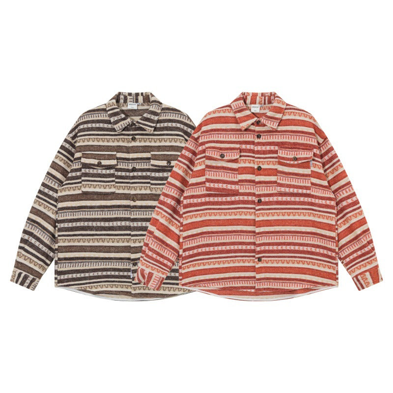 Unisex Oversized Stickad Skjorta Jacka i Ethnic Rand Mönster med Lockfickor