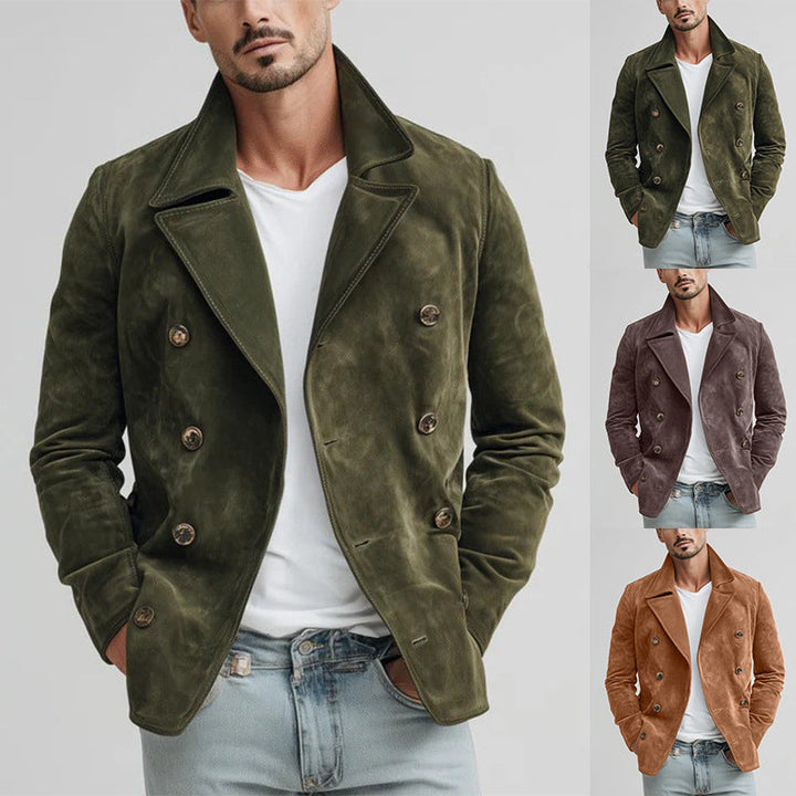 Herr Double-Breasted Suede Jacka i Short Rock Blouson med Prominent Lapels