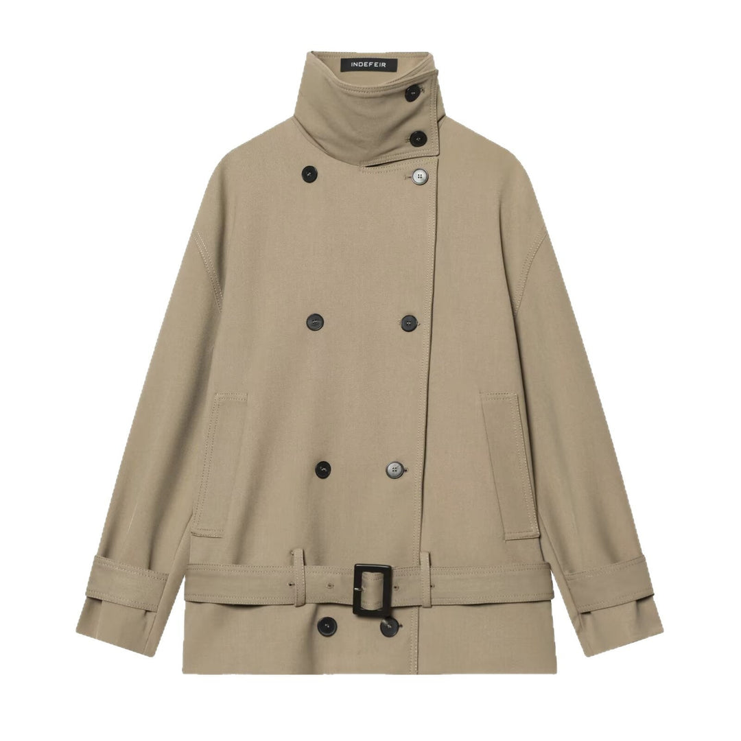 Dam Kort Trenchcoat med Dubbel-Breasted Knapplist, Midjebälte, och Hög Ståkrage