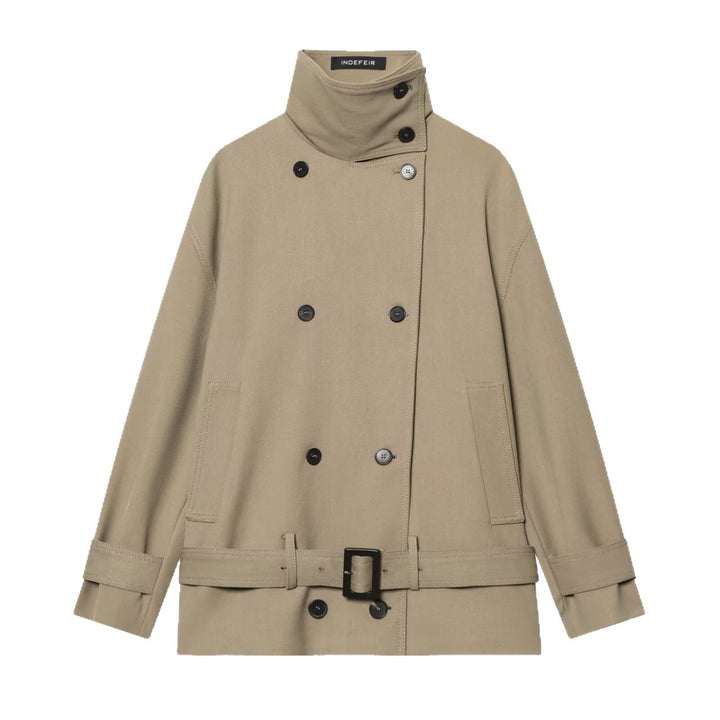Dam Kort Trenchcoat med Dubbel-Breasted Knapplist, Midjebälte, och Hög Ståkrage
