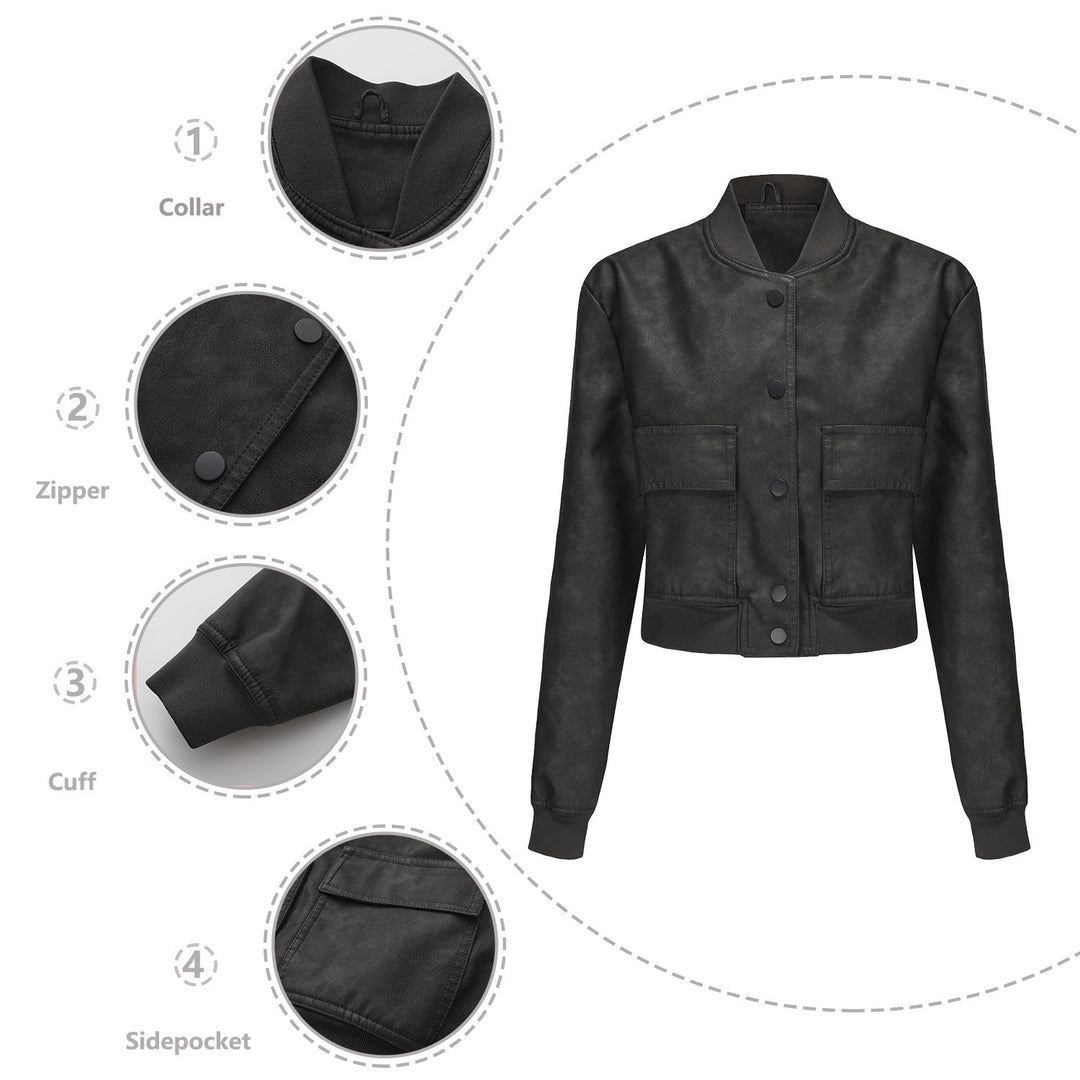 Dam kort crop konstläderjacka i blouson stil med snap front och flap fickor