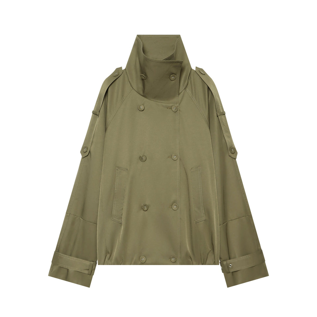 Dam double-breasted cape trenchcoat med high stand krage och adjustable ärm tabs